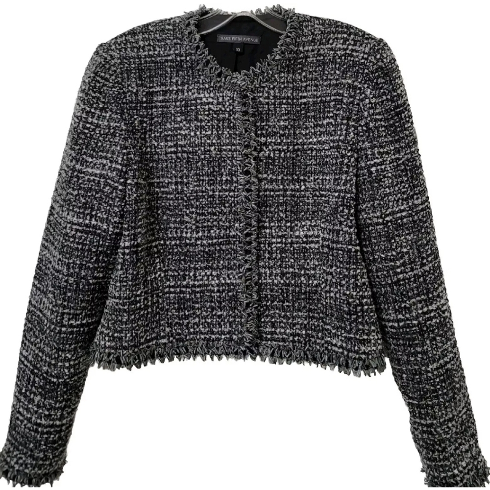 New Saks Fifth Avenue Black Tweed Wool Blend Frayed Trim Crop Blazer Size 10